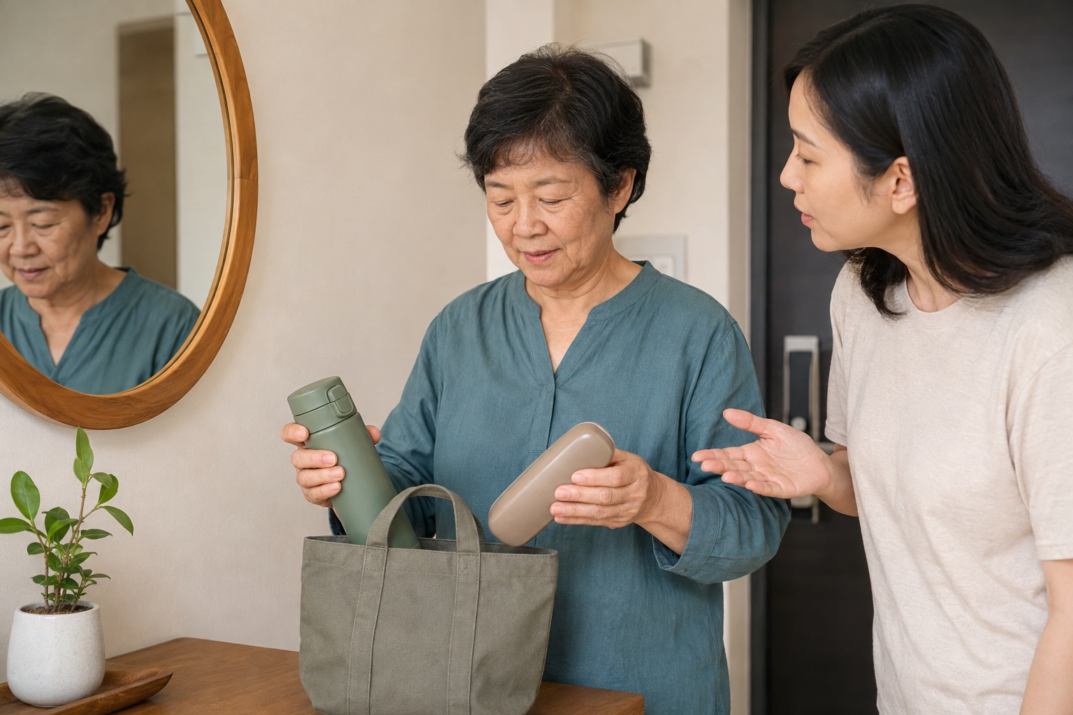 台灣長輩在家中自行把水瓶和眼鏡盒放入提袋，女兒在旁詢問