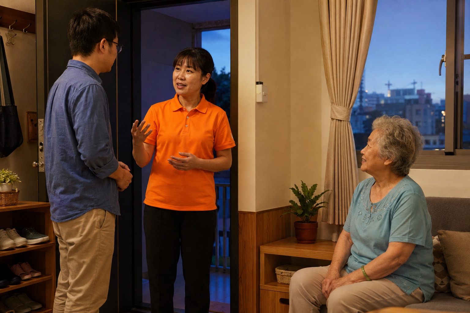 傍晚穿鮮橘色制服的台灣居服員在住家門口向兒子交班，長輩坐在窗邊一起參與