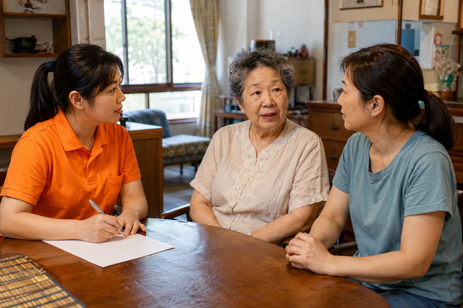 穿鮮橘色制服的台灣居服員在餐桌用空白紙本記錄，長輩與女兒共同說明當下情況
