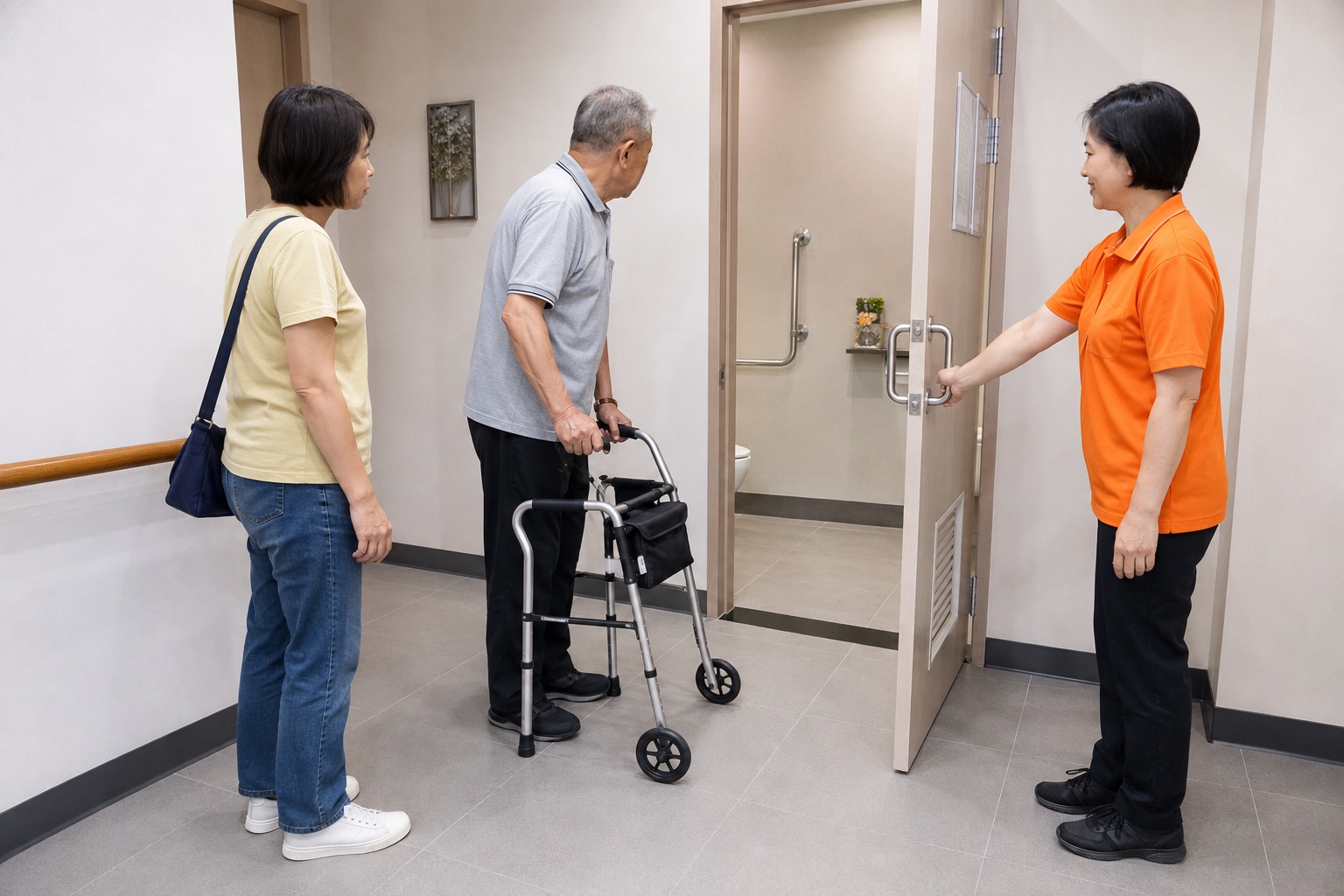 使用助行器的台灣長輩與女兒查看社區中心無障礙廁所入口，穿鮮橘色制服的據點人員從側邊扶門