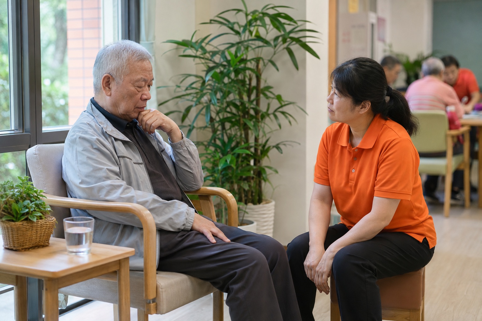 穿鮮橘色制服的日照人員在窗邊與暫時離開團體活動的台灣長輩平視交談，桌上放著一杯水