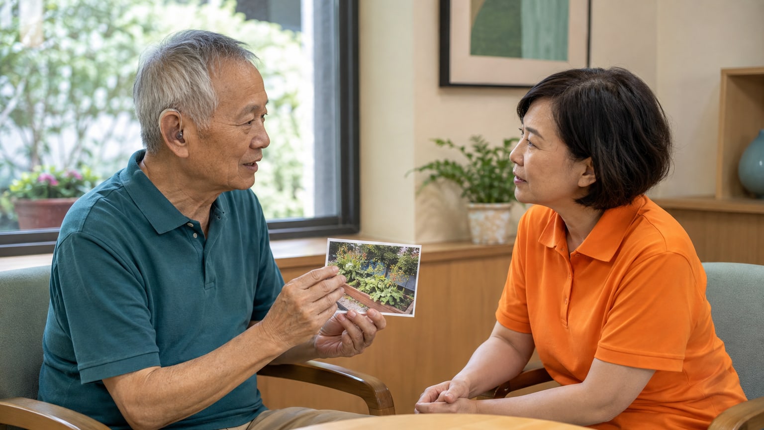 台灣長輩拿著園藝圖片向穿橘色制服的據點人員說明活動偏好，兩人在安靜窗邊個別對談
