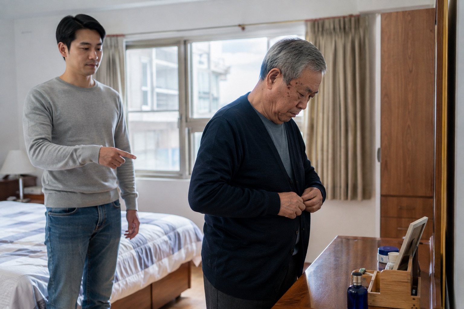 台灣長輩在臥室鏡前自行扣上外套釦子，便服兒子站在後方以手指提示而沒有代做