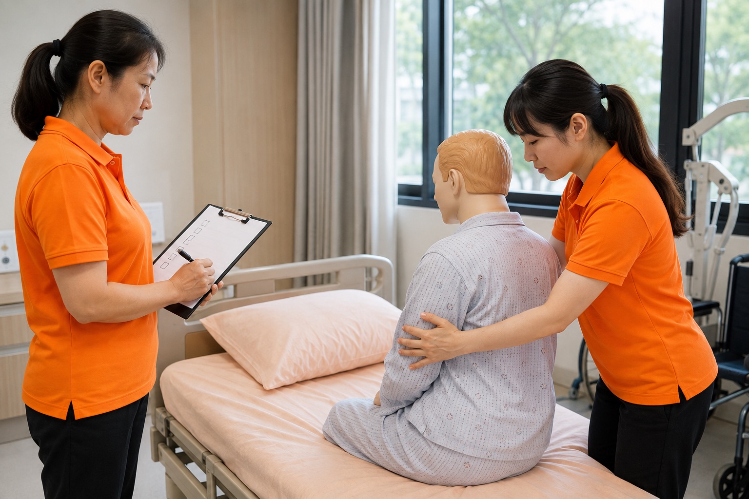 兩名穿鮮橘色短袖 polo 的台灣長照人員在技能教室以訓練人偶進行情境練習與空白勾選表觀察