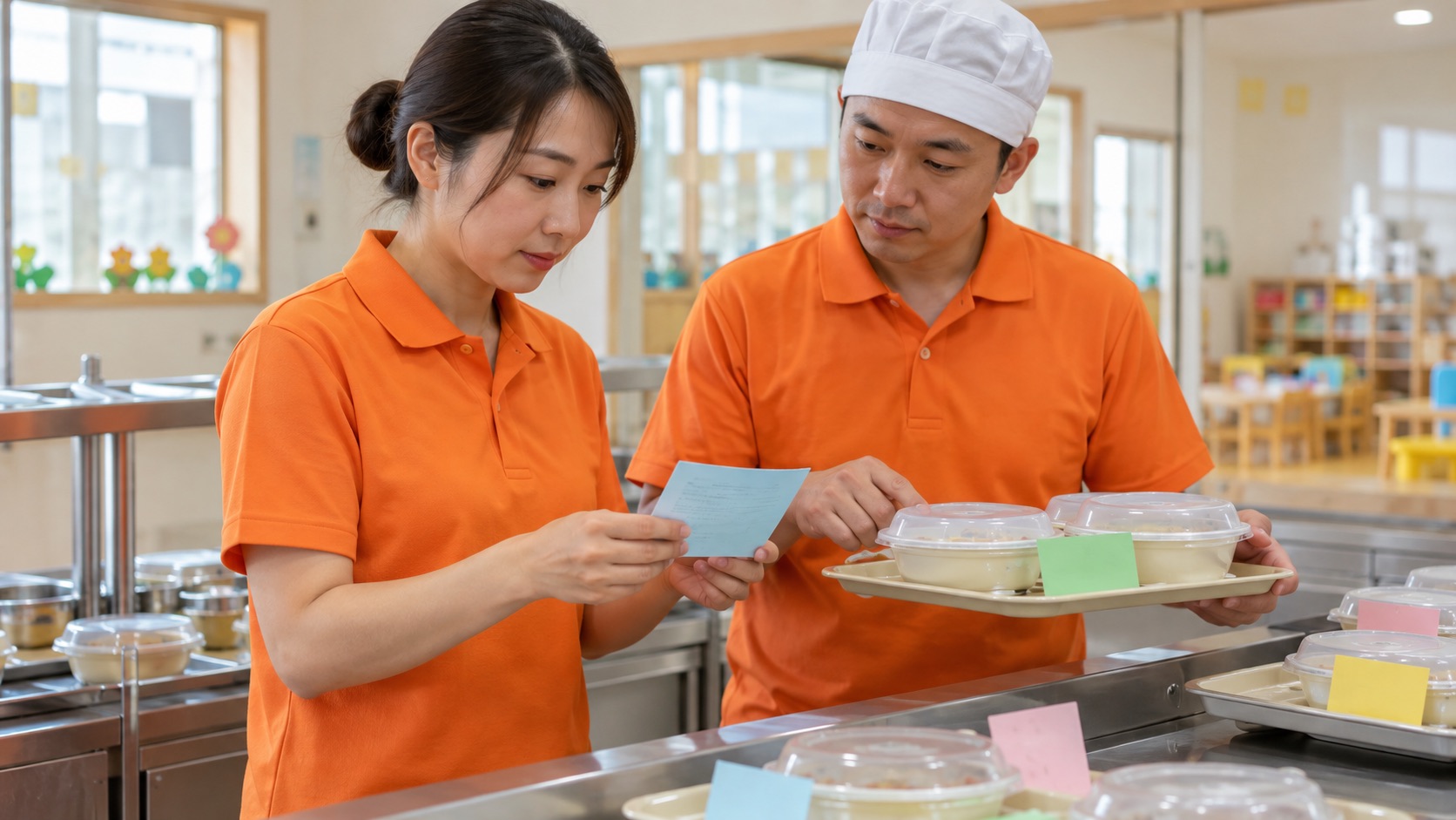 兩名穿鮮橘色短袖 polo 的台灣日照備餐與照顧人員在出餐檯核對空白色卡和加蓋餐盤