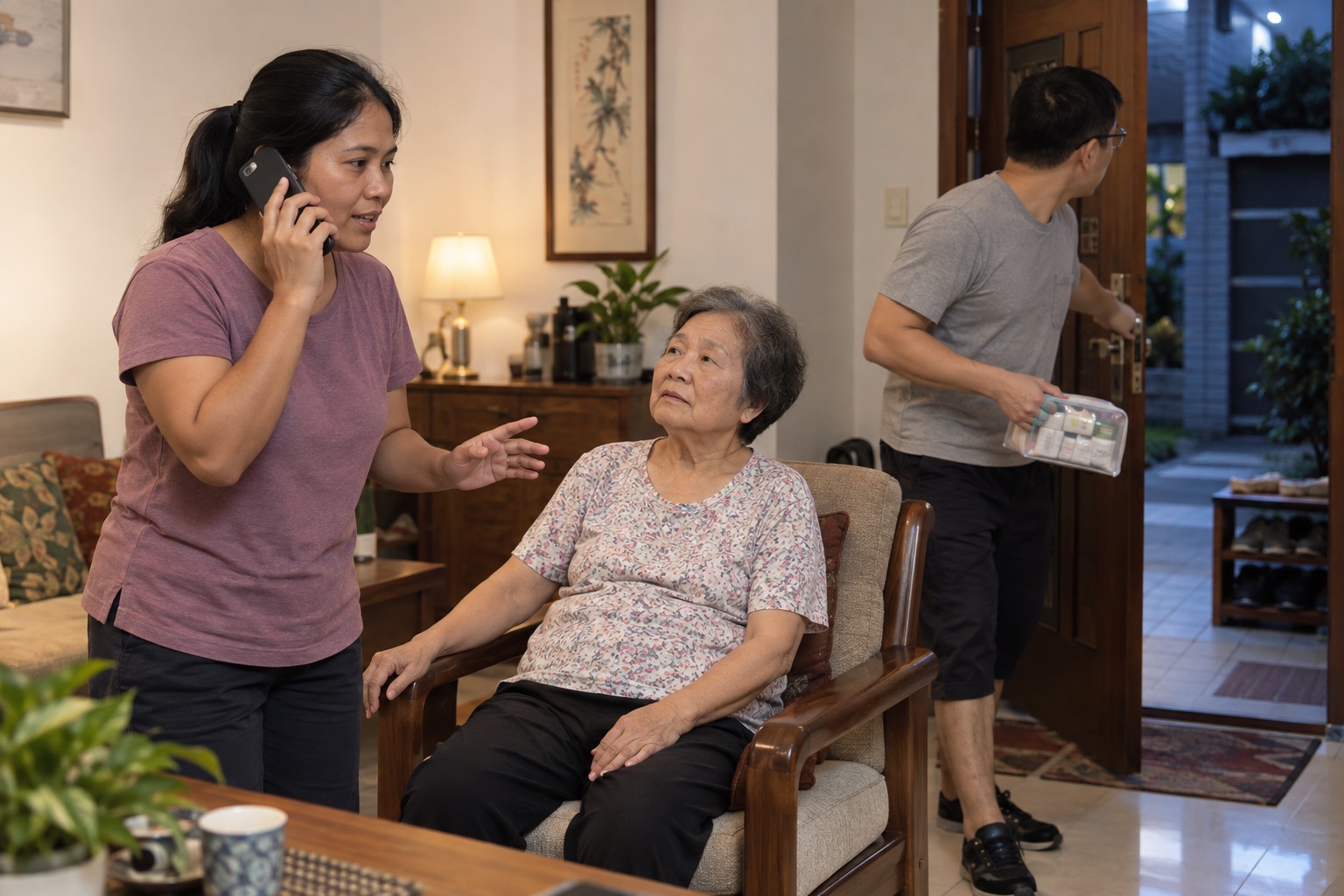 東南亞籍家庭看護在客廳持手機求助，台灣長輩坐在椅上，家屬帶著藥袋由門口進入