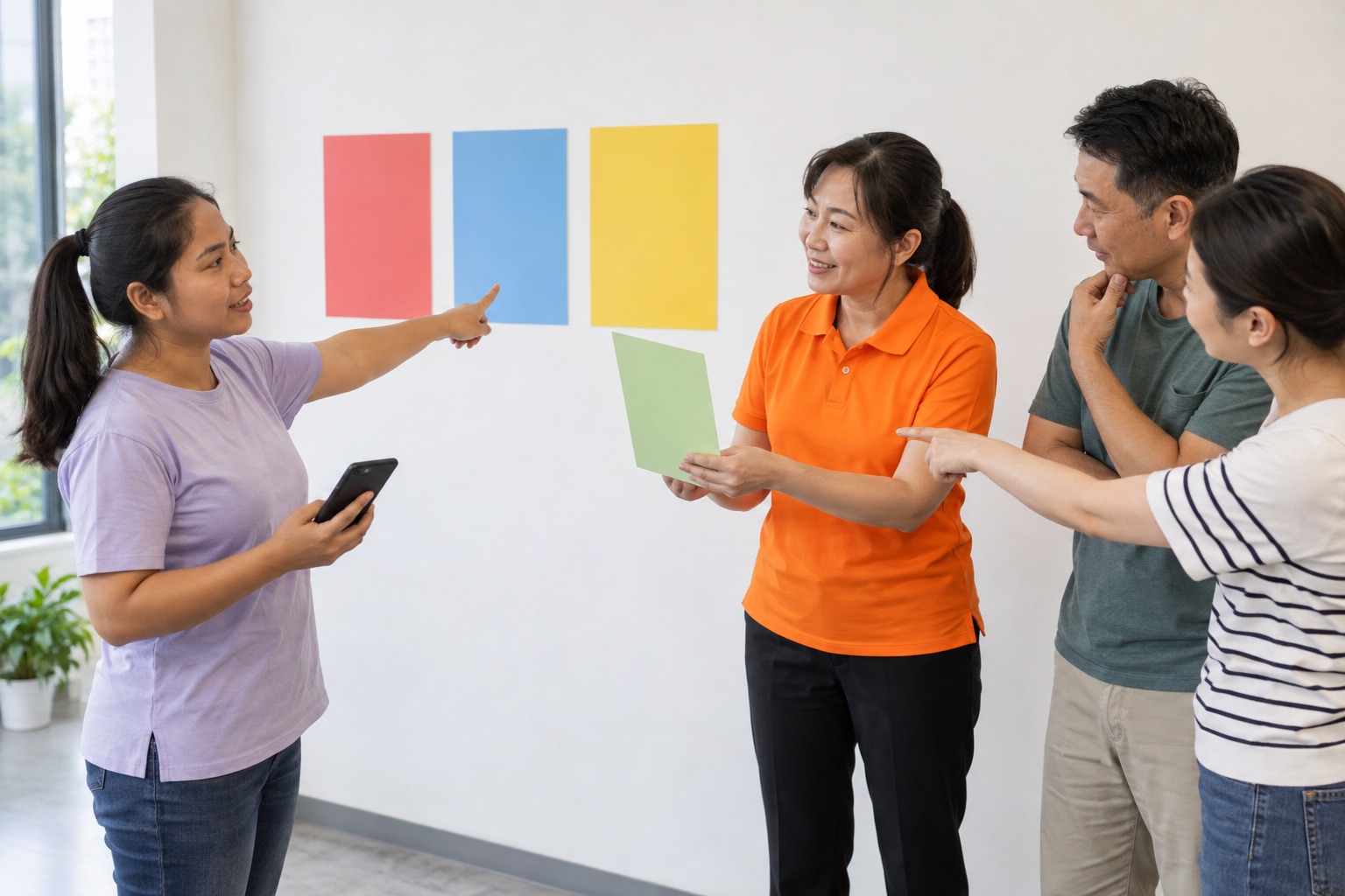 穿鮮橘色短袖 polo 的台灣講師和兩名東南亞籍家庭看護用三張無文字色卡進行情境角色演練