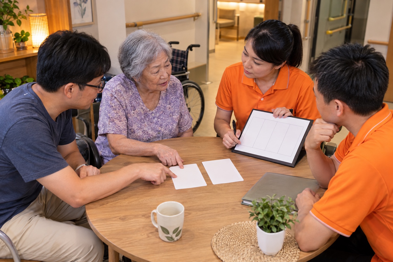 台灣長輩與兒子坐在圓桌旁，兩名穿鮮橘色短袖 polo 的護理復能人員用空白四欄表共同回顧任務