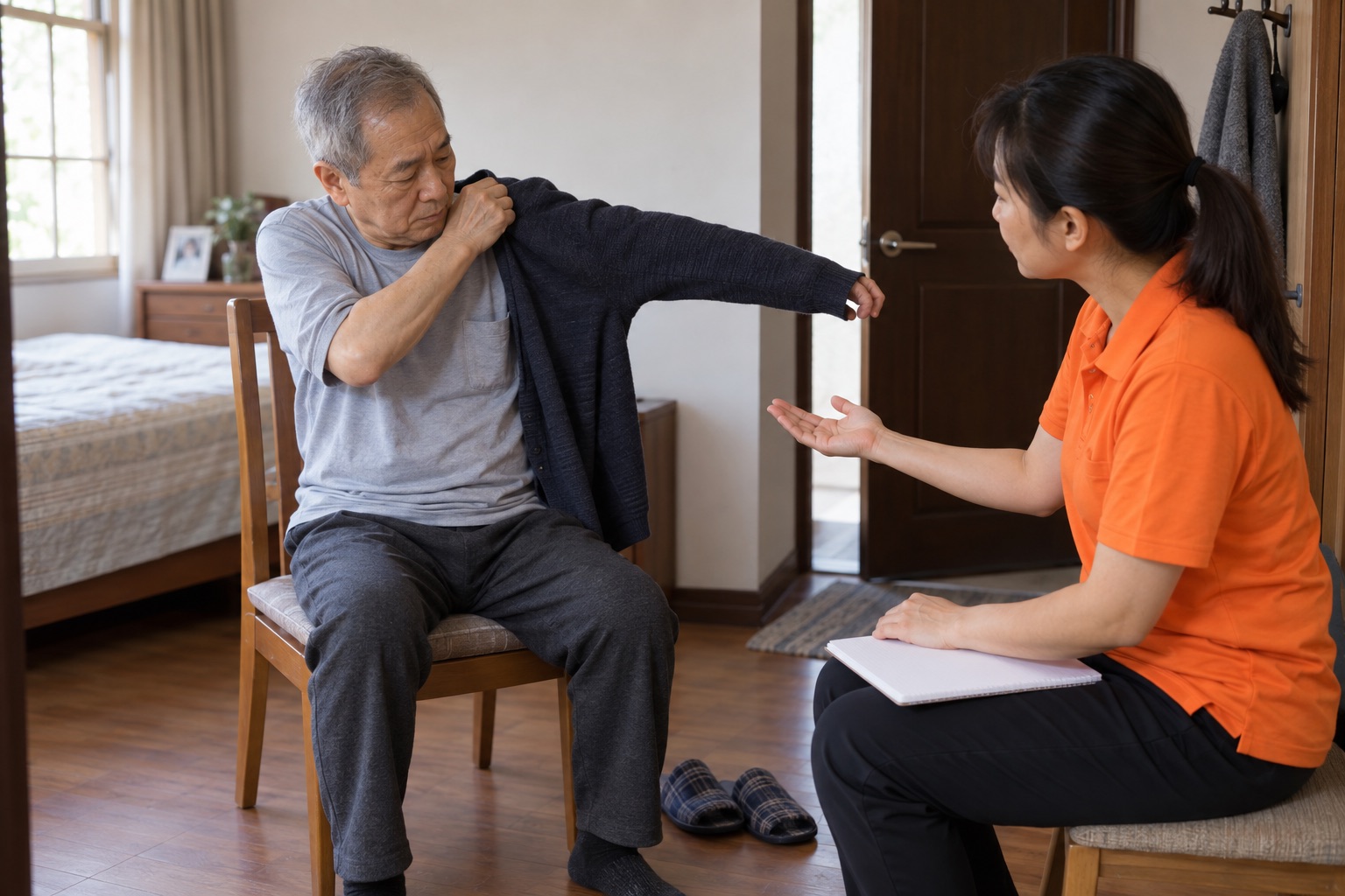 台灣長輩在臥室穿上開襟外套，穿鮮橘色短袖 polo 的復能人員以手勢提示而未代做