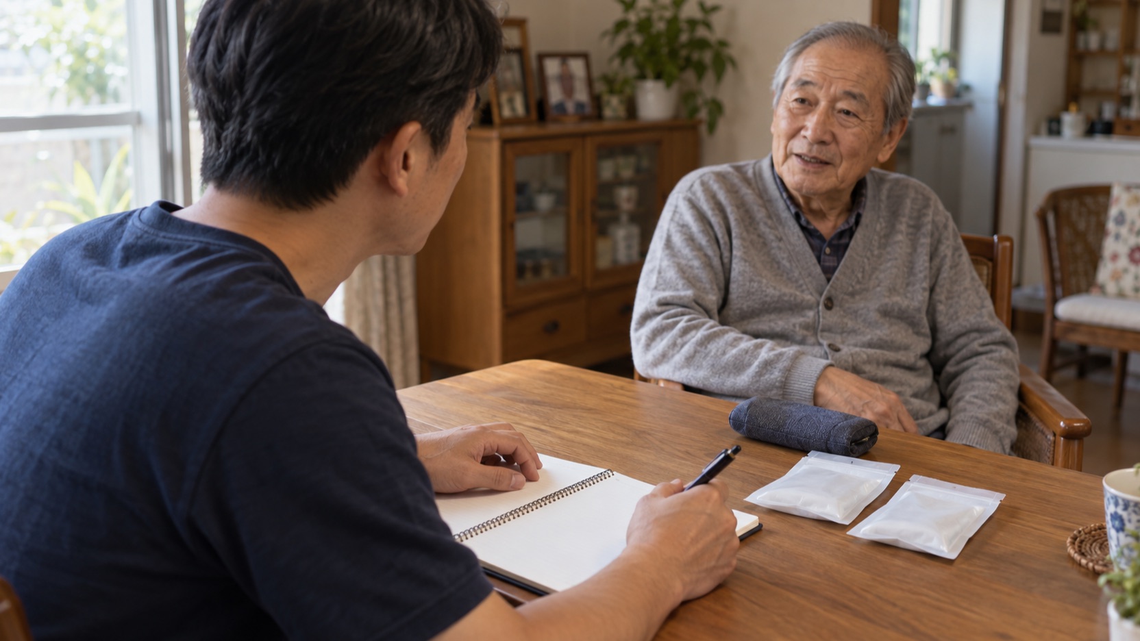 台灣兒子在父親陪同下整理空白筆記、眼鏡盒與背面朝上的藥袋，準備回報平常狀態和最近用藥資訊