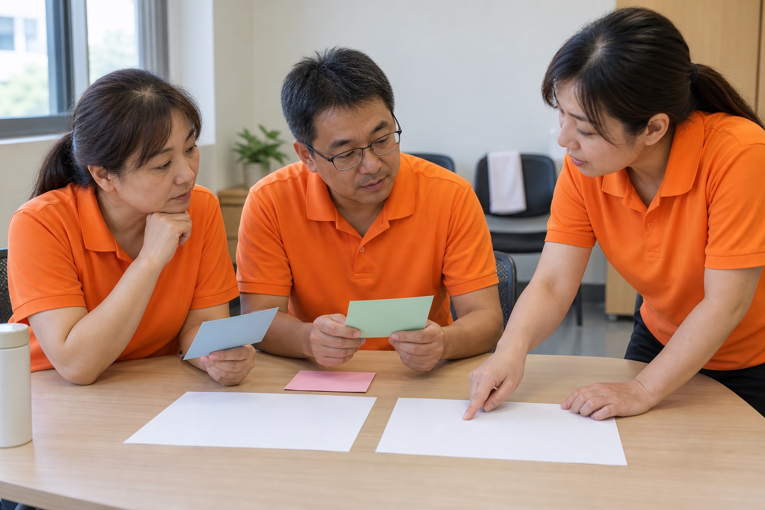 三名穿鮮橘色短袖 polo 的台灣講師以無文字色卡與空白評分紙討論同一項證據