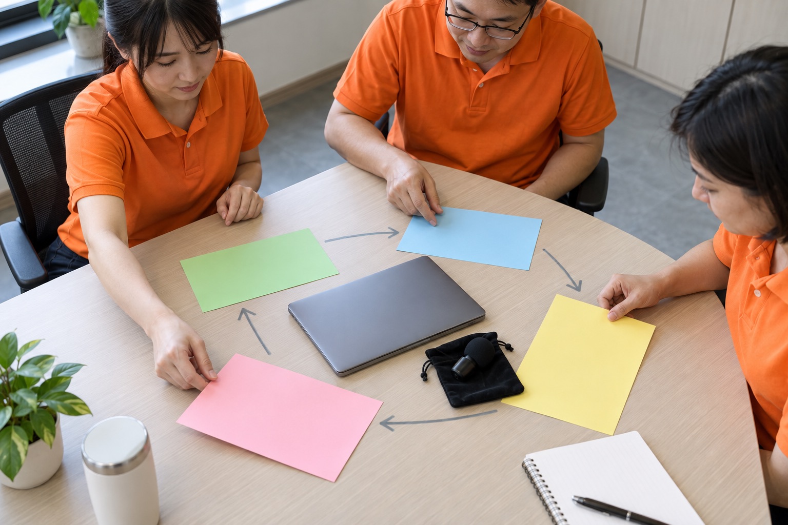 三名穿鮮橘色短袖 polo 的台灣人員用四張無文字色卡、關閉筆電與收納中的麥克風討論資料流程