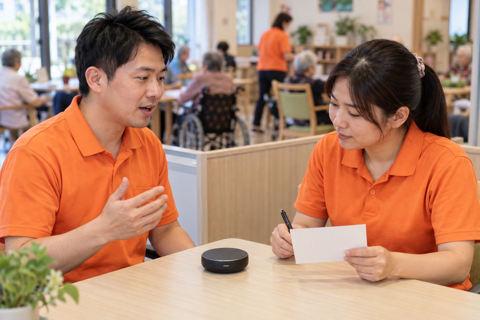 兩名穿鮮橘色短袖 polo 的台灣長照人員在有背景活動的空間測試無線桌面麥克風並以空白卡片比對