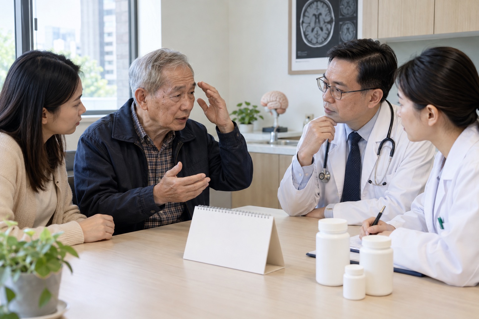 台灣年長男性在神經科門診主動向醫師與藥師說明起身頭暈，成年女兒陪同，桌上藥罐無可讀標籤