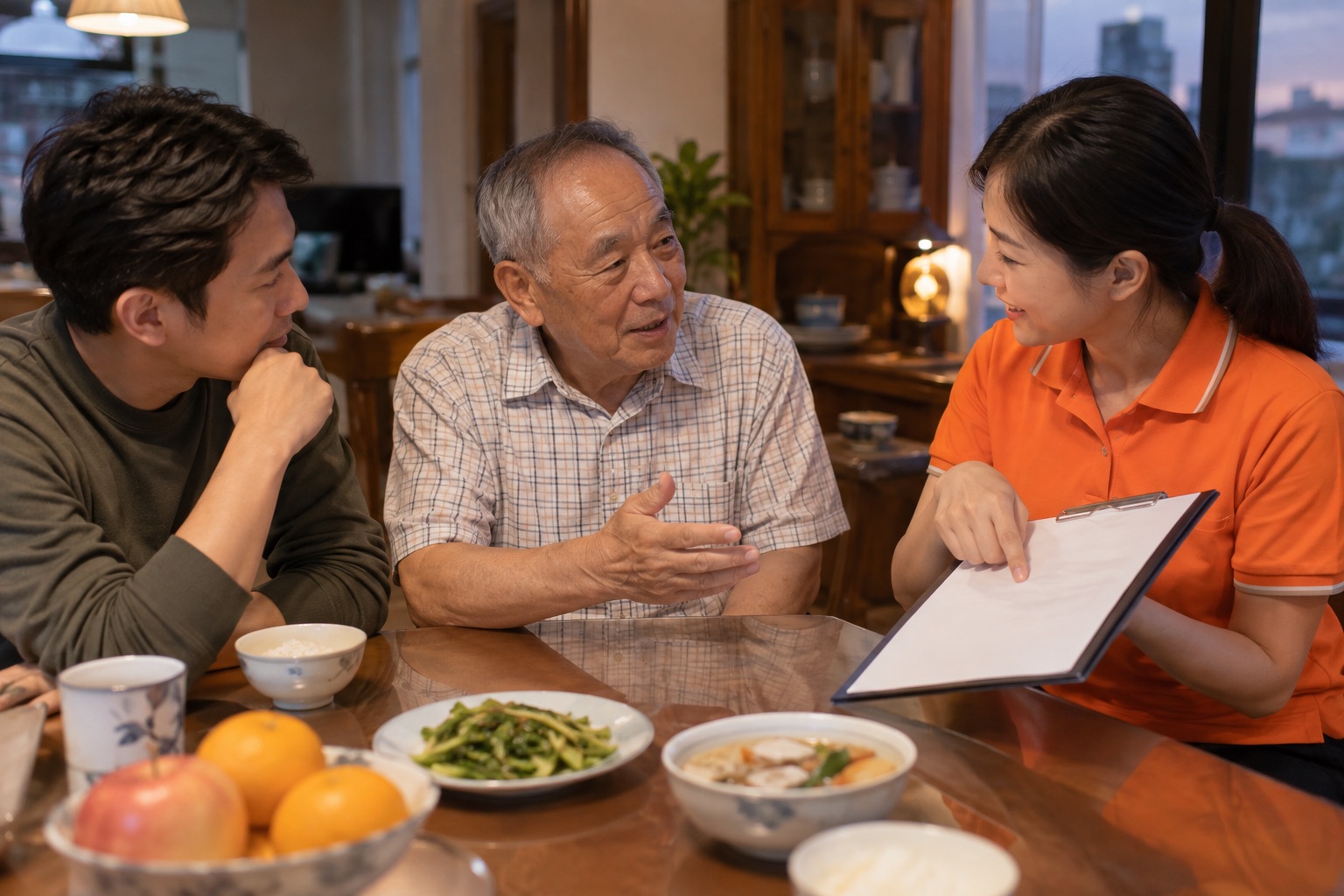 台灣年長男性主動說明當天狀況，成年兒子與穿鮮橘色短袖 polo 的照顧人員一起看無文字紀錄板
