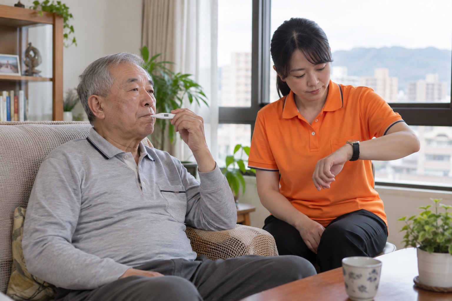 台灣年長男性自行使用無可讀數字的體溫計，穿鮮橘色短袖 polo 的照顧人員查看手錶準備記錄時間