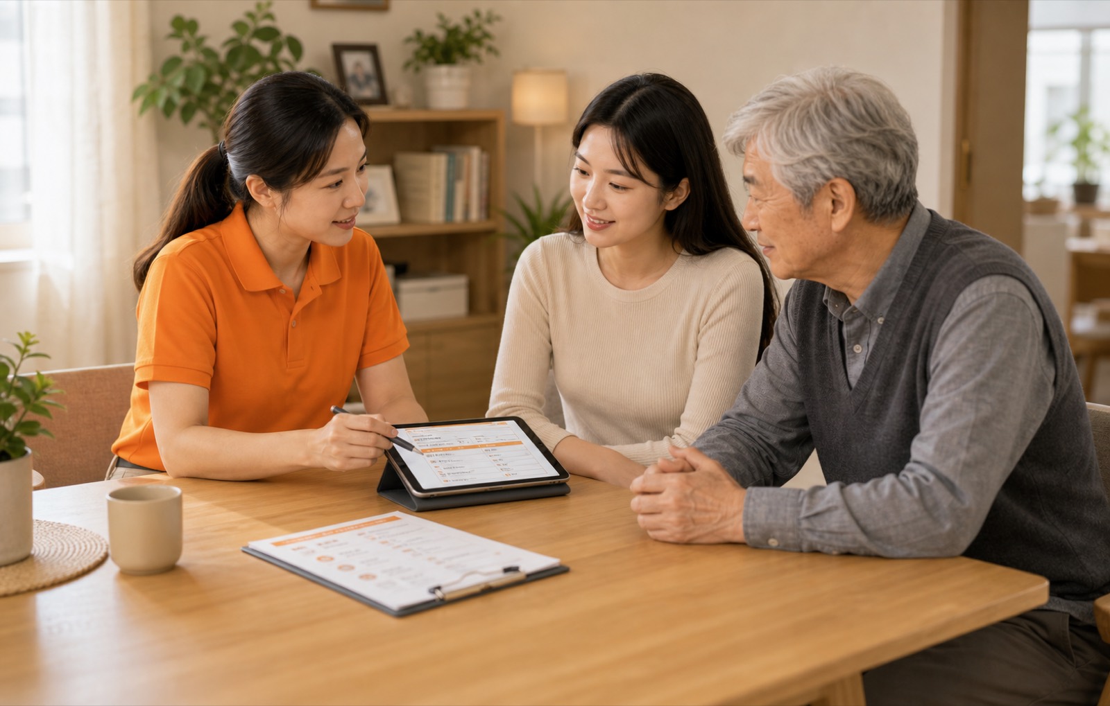居家照顧團隊與家屬確認服務紀錄和照顧計畫